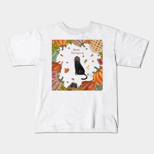 Happy Thanksgiving card in cartoon style with cat for Happy celebration Kids T-Shirt